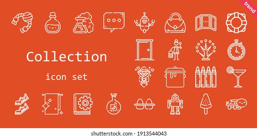 collection icon set. line icon style. collection related icons such as lifebuoy, eggs, door, crayon, mirror, potion, turtle, book, tree, bouquet, hand bag, shoes, popsicle, robot, pot, cocktail