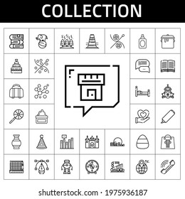 collection icon set. line icon style. collection related icons such as bed, castle, candy, book, lollipop, vase, perfume, robot, traffic cone, highlighter, pot, party hat