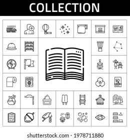 collection icon set  line icon style  collection related icons such as flag  book  drum  box  rgb  nut  clipboard  mustache  robot  tablet  hot air balloon  ice cream  constellation