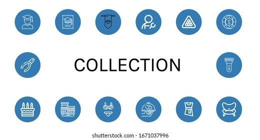 collection icon set. Collection of Student, College, Banner, Plumber, Billiard, World, Cake, Lens, Bikini, Wedding, Blouse, Chair, Pliers, Scraper icons