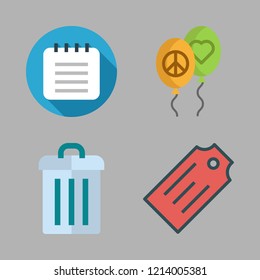 collection icon set. vector set about notebook, balloons, tag and garbage icons set.