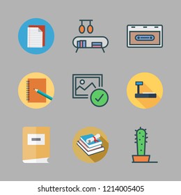 collection icon set. vector set about tools and utensils, cactus, bookshelf and notebook icons set.