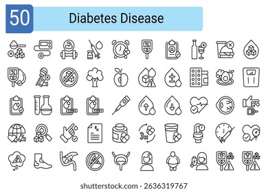 Colección de conjuntos de iconos sobre la diabetes y las restricciones para los pacientes, color de línea de silueta negra sólida para problemas de salud, diagnóstico, atención médica, colesterol, autoinmune, pruebas de sangre
