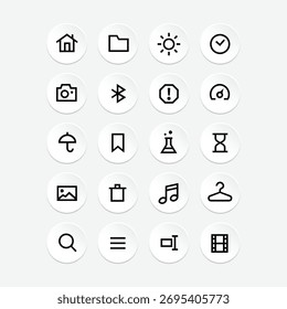 Collection of icon sets from Home, Document, Camera, Pin, Time, Galery, Profile, Cautins, Metter, Search, Music