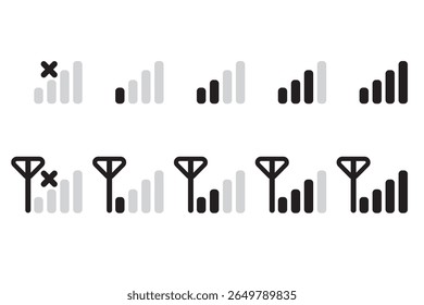 A collection of icon sets showing antenna signal strength.