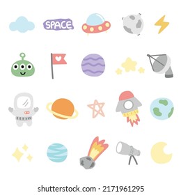 Sammlung von Ikone im Weltraumkonzept cartoon.Moon,planet,Erde,Stern,Rakete,Außerirdische handgezeichnet.Pastel.Kawaii.Vector.Illustration.