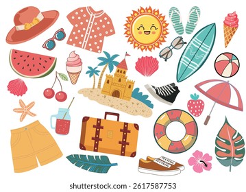 Collection of icon summer vacation and beach elements, watermelon, umbrella, ball, ice cream, surfboard and other travel elements. Collection of Beach and Tropical Elements cartoon illustration. 