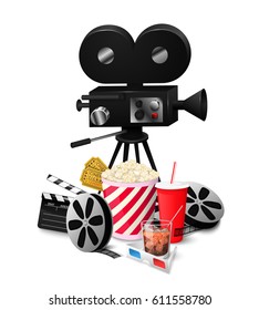 Collection icon symbols on watching movies in cinema in cartoon style Flat on a white background Vector Illustration. Elements of the film industry 3d glasses, popcorn, cola tickets for your projects.