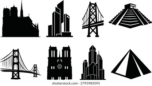 A collection of iconic architectural landmark silhouettes including cathedrals, skyscrapers, suspension bridges, and pyramids. Perfect for design projects, educational materials, and commercial use highlighting global architecture styles.