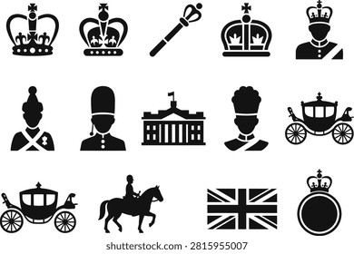 Collection of iconic british monarchy silhouettes featuring crowns regal scepter guards palace palace and royal horse drawn carriage.