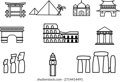 Colección de Lugares famosos y monumentos arquitectónicos globales icónicos, que simbolizan los viajes y la historia