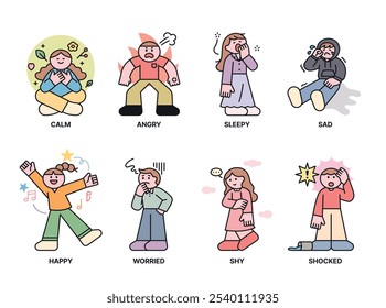 Uma coleção de personagens humanos icônicos que expressam emoções positivas e negativas.1 delineiam uma ilustração vetorial simples.