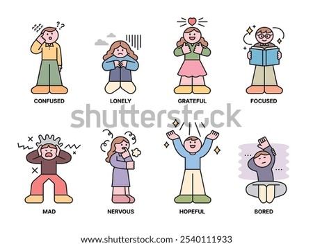 A collection of iconic human characters expressing positive and negative emotions.4 outline simple vector illustration.
