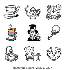 A collection of iconic illustrations inspired by Alice in Wonderland characters and objects.