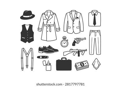 A collection of iconic items representing classic gangster and detective style, including clothing, weapons, and accessories from the Prohibition era