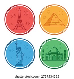 A collection of iconic landmarks from around the world, including the Eiffel Tower, Pyramids, Statue of Liberty, and Taj Mahal, presented in colorful circular icons.
