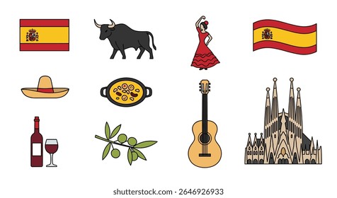 Collection of Iconic Spanish Cultural Symbols and National Heritage Elements Representing Authentic Traditions and Artistic Expressions