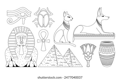 Colección De Símbolos Icónicos Del Antiguo Egipto, Incluyendo Pirámides, Esfinge Y Ankh En Blanco Y Negro. Vector de esquema