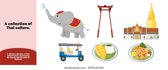 A collection of iconic symbols of Thai culture, including a playful elephant, traditional Giant Swing, majestic temple, classic tuk-tuk, and popular dishes like mango sticky rice and Pad Thai. 