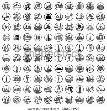 Collection of Iconic World Landmarks in Circular Outlines