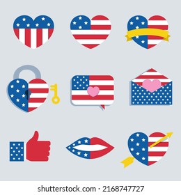 a collection of icons with the 4th of july theme, heart with American flag pattern, lip with American flag pattern etc