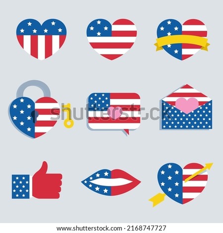 a collection of icons with the 4th of july theme, heart with American flag pattern, lip with American flag pattern etc
