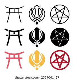 collection of icons about religion and belief in three styles