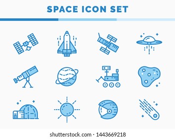 Collection of icons about space/science in filled outline style, using dual tone colors.