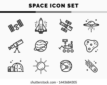 Collection of icons about space/science in outline style, using black outline color.