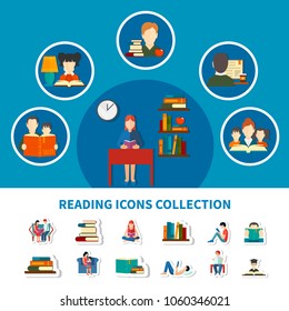 Collection of icons with adults and kids during reading electronic and printed books isolated vector illustration  