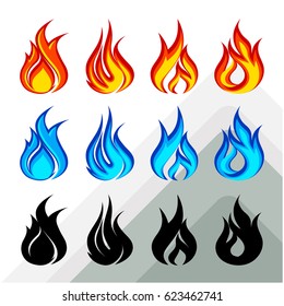 collection of icons with alternative flame orange, blue and black solid (silhouette)