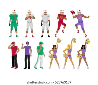 Collection of icons of american college football players. Three football coaches. Cheerleading girl teams. Three standing men. Two jumping and throwing balls players underneath. Flat design. Vector