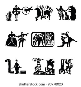 Collection of icons - the art of theater, cinema, circus, ballet. Vector symbols.