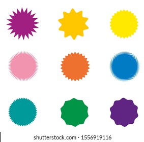 Collection of icons badges starburst, sunburst, label, sticker. 9 different types and differebt colors. Design elements. Vector illustration