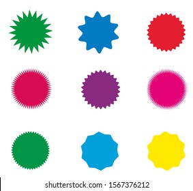 Collection of icons badges starburst, sunburst, label, sticker. 9 different types and differebt colors. Design elements. Vector illustration