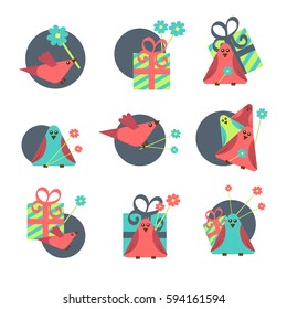 Collection of icons with birds, gifts and flowers.. Funky Birds Set. Vector illustration