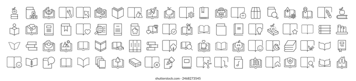 Collection of Icons of Book. Suitable for books, stores, shops. Editable stroke in minimalistic outline style. Symbol for design 