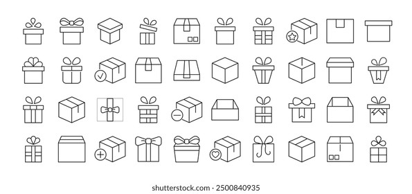Collection of icons of boxes and giftboxes as holiday and delivery symbols for Advertisement. Suitable for books, stores, shops. Editable stroke in minimalistic outline style. Symbol for design 