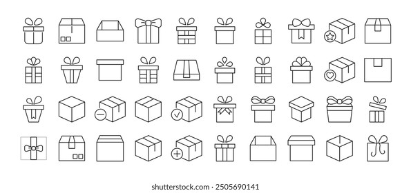 Collection of Icons of boxes and giftboxes as holiday and delivery symbols for Shops and Stores. Suitable for books, stores, shops. Editable stroke in minimalistic outline style. Symbol for design 