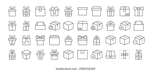 Collection of Icons of boxes and giftboxes as holiday and delivery symbols. Suitable for books, stores, shops. Editable stroke in minimalistic outline style. Symbol for design
