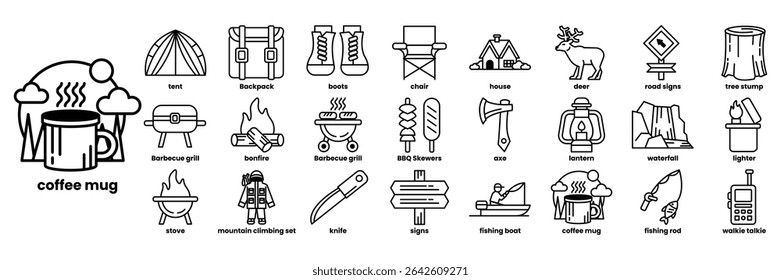A collection of icons for camping and outdoor activities. The icons include a mug, a knife, a backpack, a tent, a campfire, a cooler, a cell phone, a book, a chair, a backpack, a knife