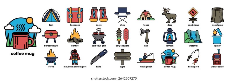 A collection of icons for camping and outdoor activities. The icons include a mug, a backpack, a tent, a knife, a cooler, a fishing rod, a canoe, a fire, a grill, a life preserver, a tent