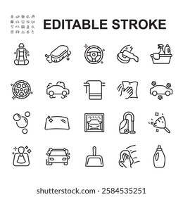Collection of icons of car wash, car care salon. Thin line vector. Contains icons of car wash, vacuum cleaner, body polish and more.