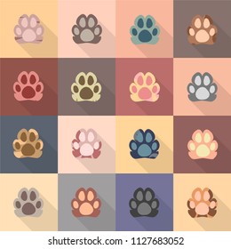 Collection of icons of cat's paws, flat style, cartoon style, colorful print