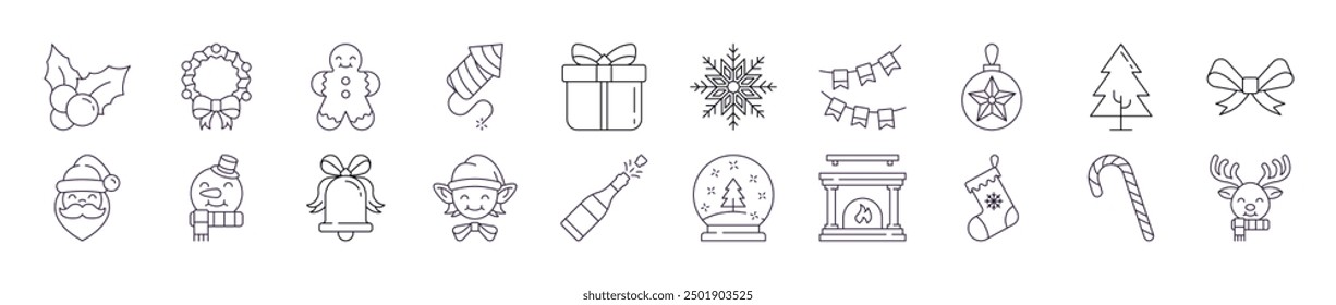 Collection of Icons of Christmas and New Year for Shops and Stores. Suitable for books, stores, shops. Editable stroke in minimalistic outline style. Symbol for design 