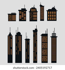 A collection of icons of city buildings. Vector on a gray background		