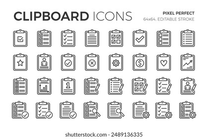 Collection of icons with clipboard - check list, report, survey, questionnaire, pixel perfect, editable stroke, vector eps10 illustration