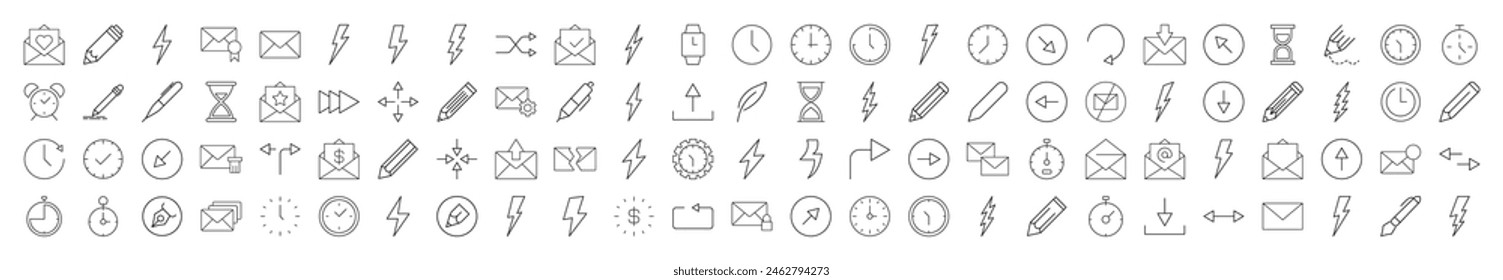 Collection of Icons of clocks, lighting, arrows, envelops, pens for Shops and Stores. Suitable for books, stores, shops. Editable stroke in minimalistic outline style. Symbol for design 