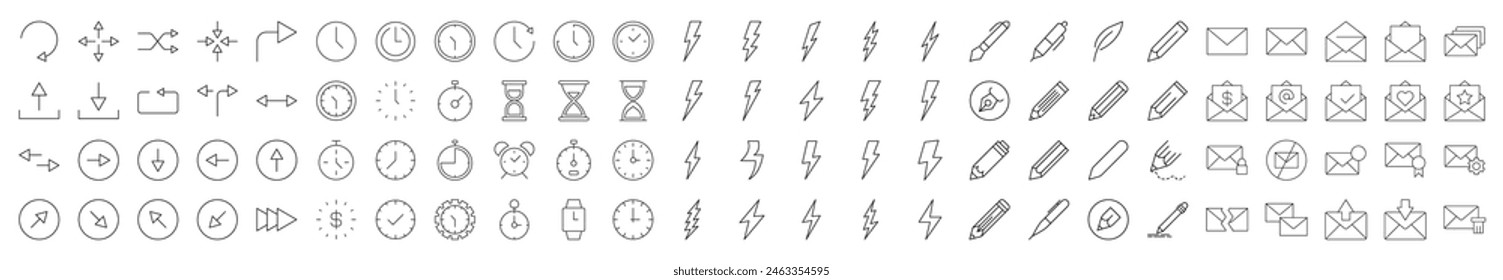 Collection of Icons of clocks, lighting, arrows, envelops, pens. Suitable for books, stores, shops. Editable stroke in minimalistic outline style. Symbol for design 