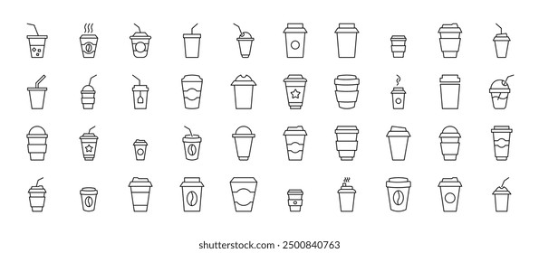 Collection of Icons of coffee, tea or other drinks in disposable cups. Suitable for books, stores, shops. Editable stroke in minimalistic outline style. Symbol for design